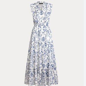 NWT Lauren Ralph Lauren Floral Cotton Voile Tiered Maxi Dress, blue & white sz 2